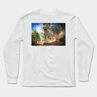 Close up image of a mountain biker getting air Long Sleeve T-Shirt